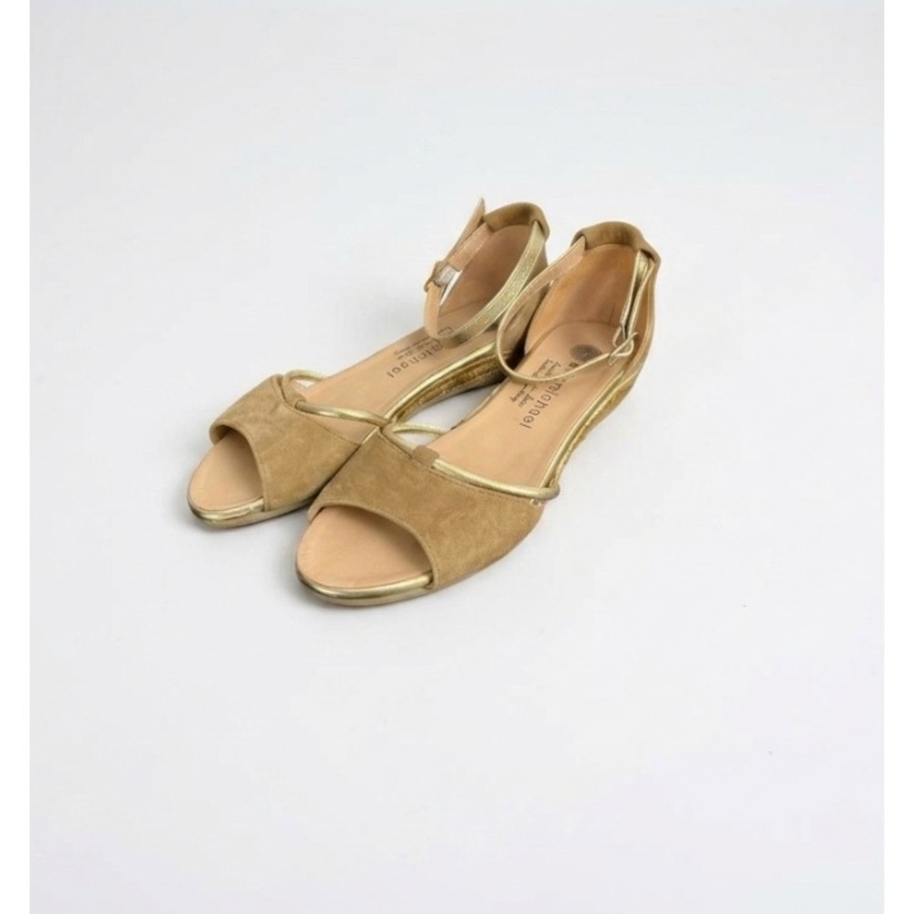 Eric Michael Tan Suede Gold Trim Espadrille Wedge Sandals Handmade Spain Size 38